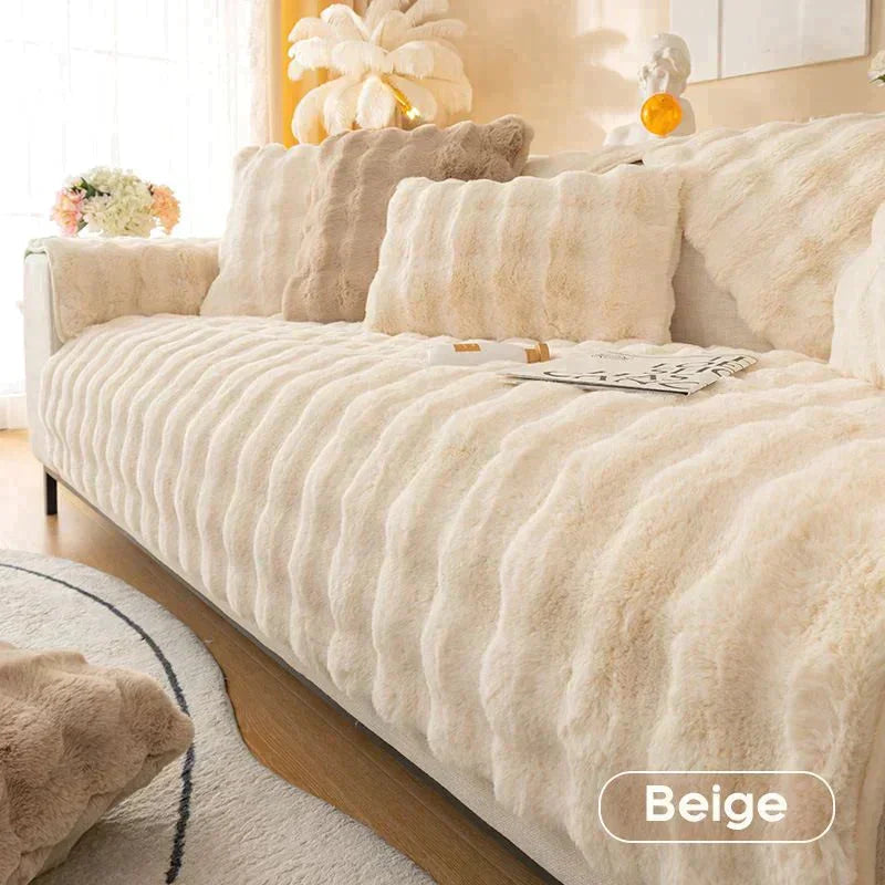 Plush Fleece Sofa Cover with Non-Slip Backing Beige