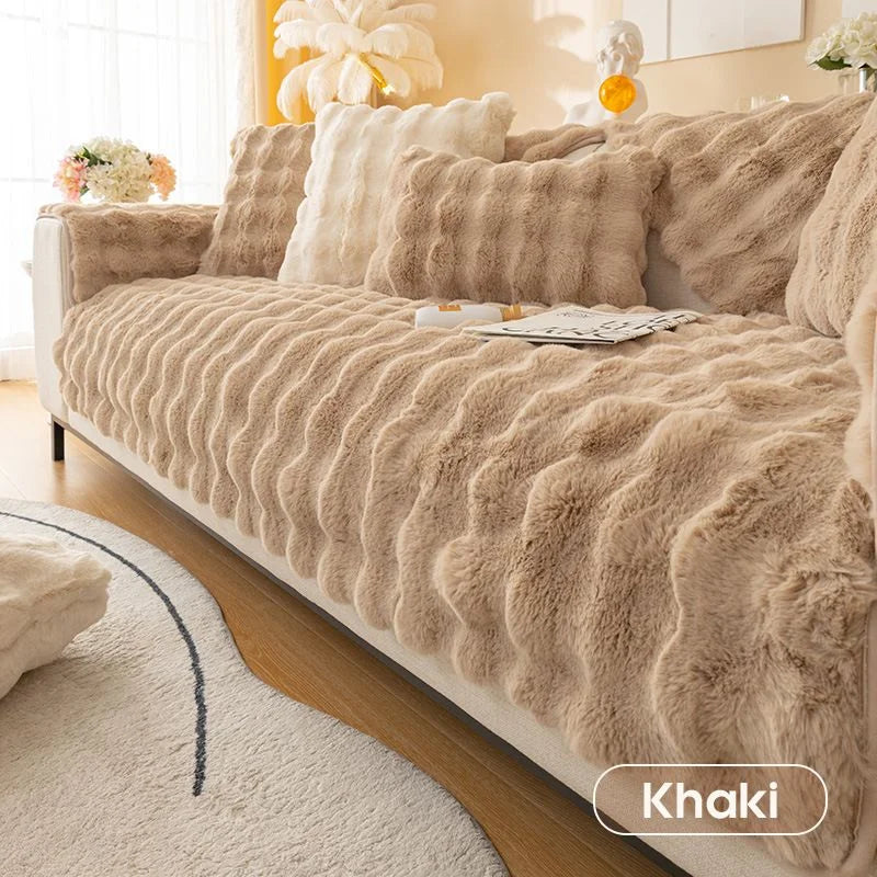Plush Fleece Sofa Cover with Non-Slip Backing Khaki