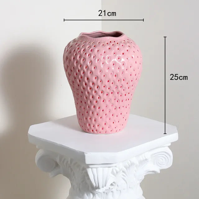 Strawberry Ceramic Vase - Textured Decorative Vessel Pink 1