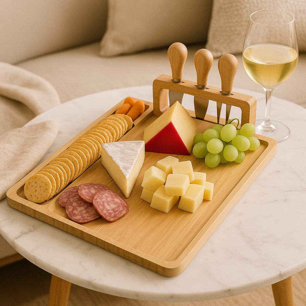 Wooden Cheese Board with Knife and Fork Set