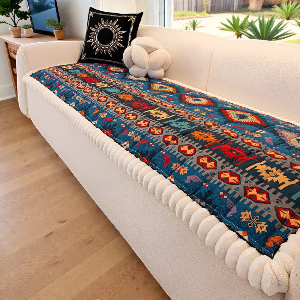 Quilted Sofa Cover with Ethno Pattern – Non-Slip Blue
