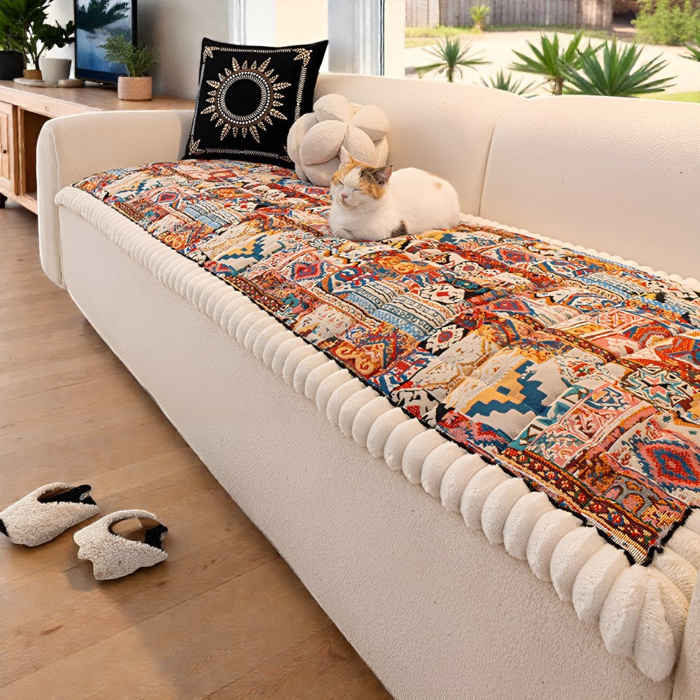 Quilted Sofa Cover with Ethno Pattern – Non-Slip Brown