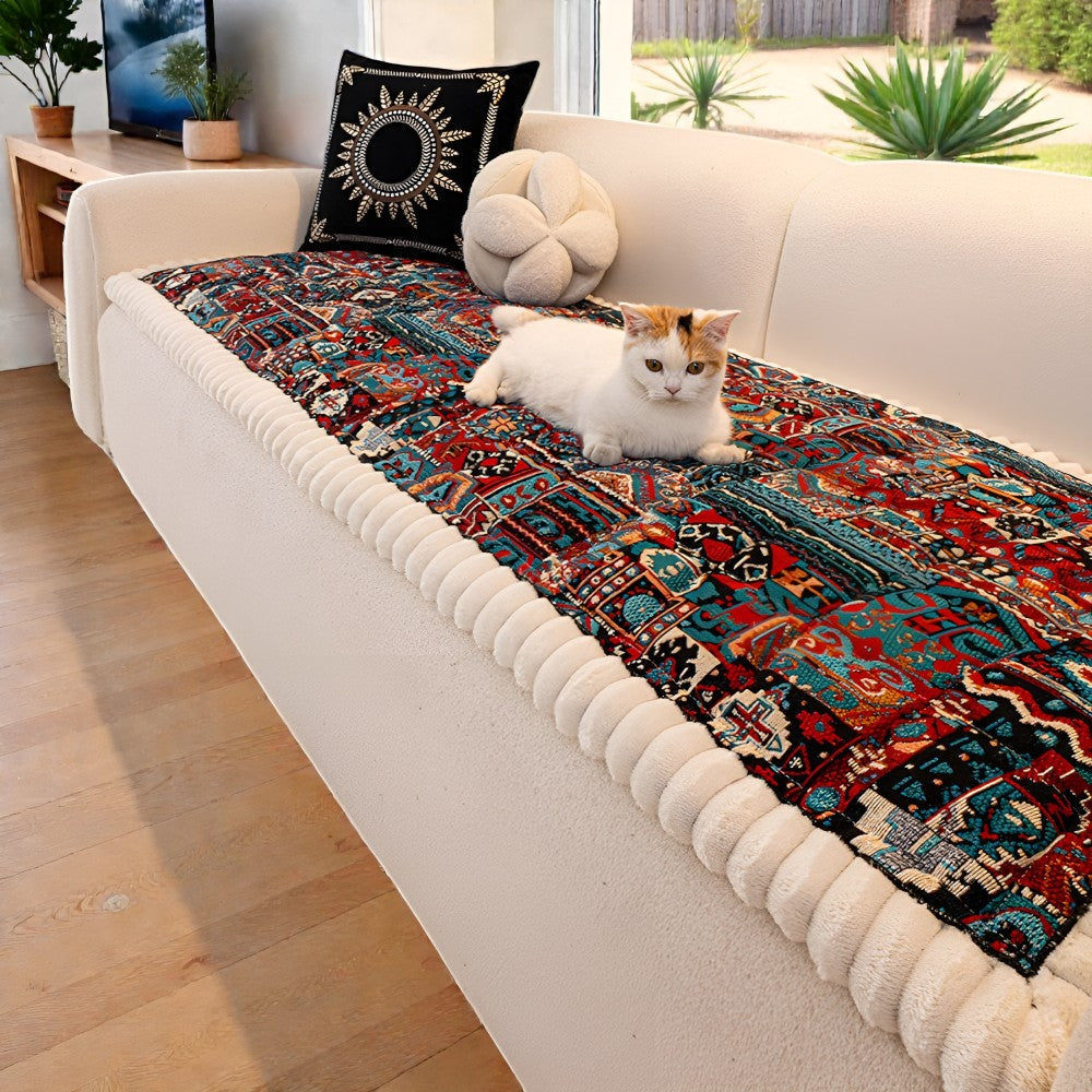 Quilted Sofa Cover with Ethno Pattern – Non-Slip Dark Multicolor