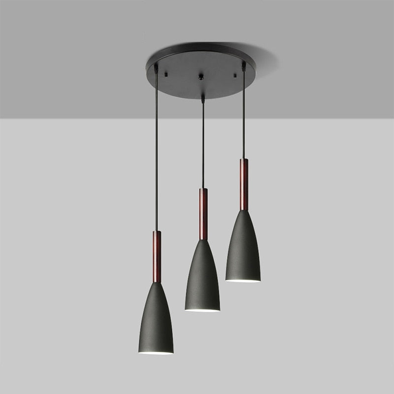 Modern Pendant Light Set with Wood Accents 3 Round Black