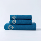 Luxury Bath Towel Set with Embroidered Border 2 Towels 1 Bath Towel Blue