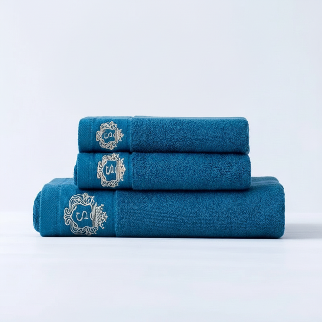 Luxury Bath Towel Set with Embroidered Border 2 Towels 1 Bath Towel Blue