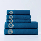Luxury Bath Towel Set with Embroidered Border 4 Towels 2 Bath Towels Blue