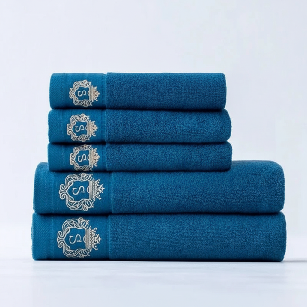 Luxury Bath Towel Set with Embroidered Border 4 Towels 2 Bath Towels Blue