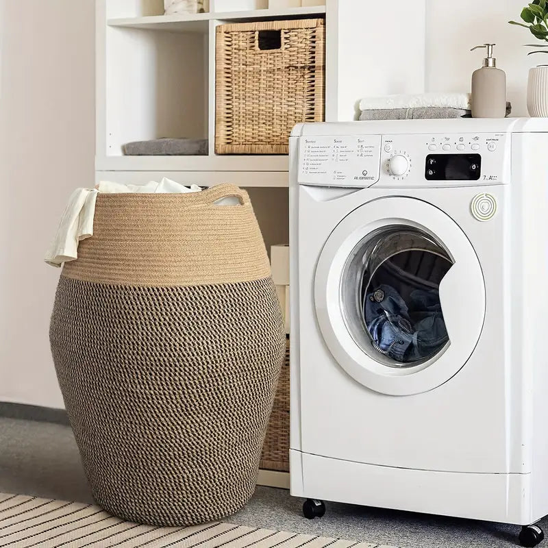 Woven Laundry Basket with Open Top Design Black Jute Mix