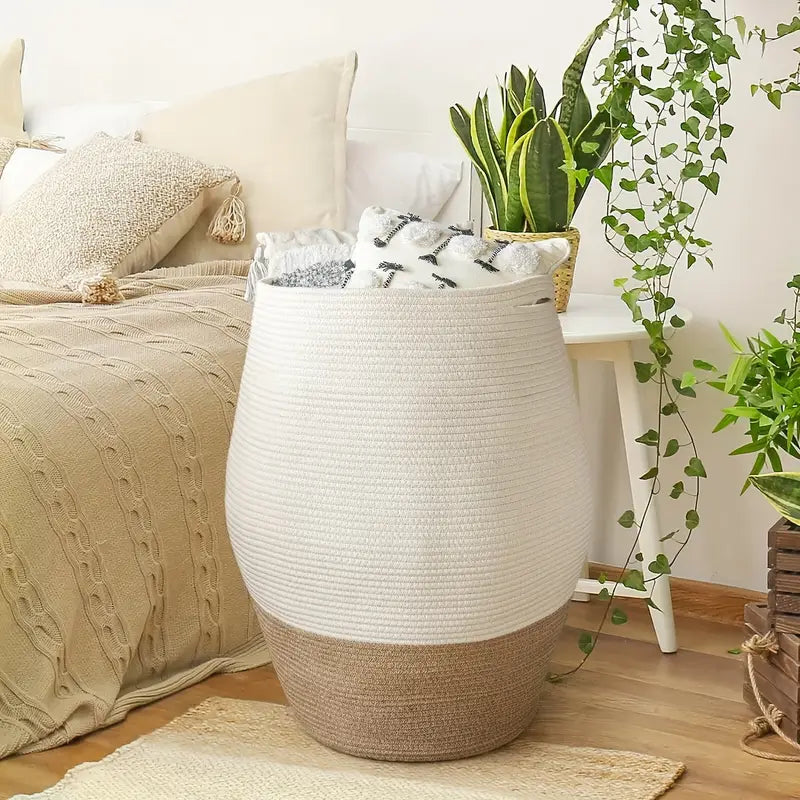 Woven Laundry Basket with Open Top Design White and Brown