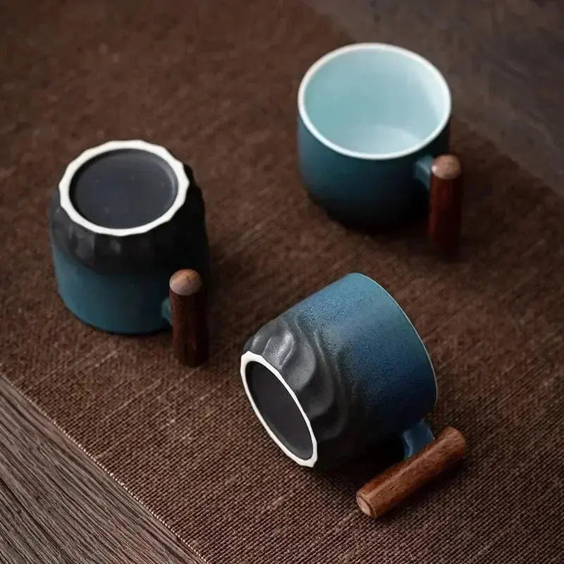 Ceramic Coffee Mug with Wood Handle – Handcrafted Design Blue