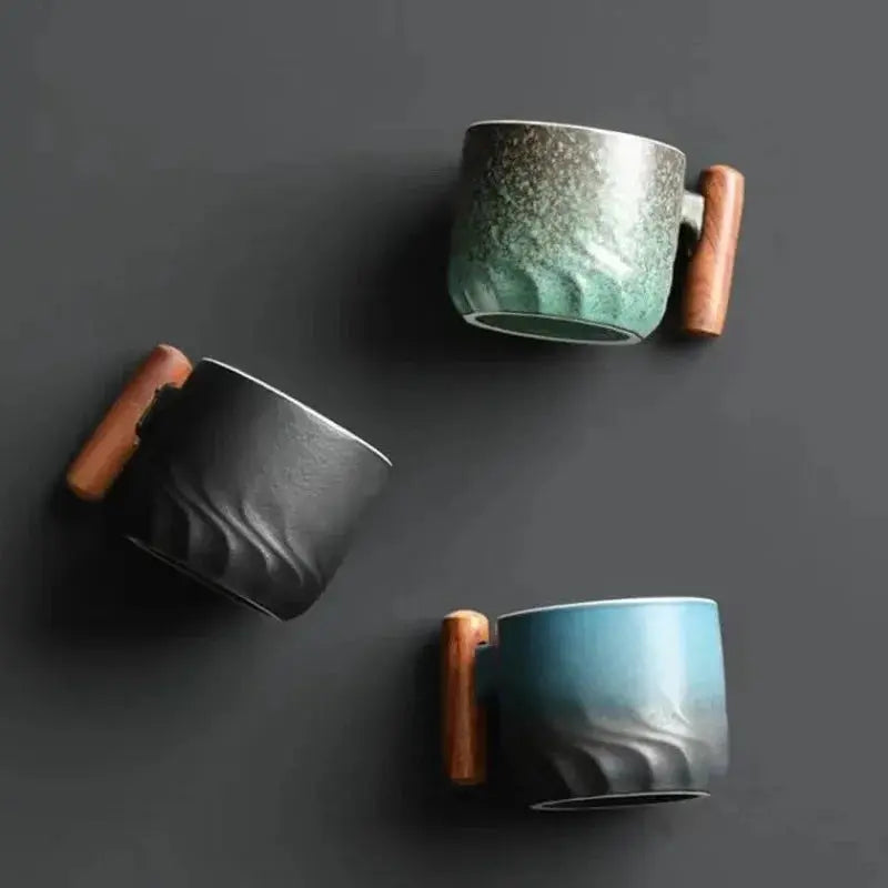 Ceramic Coffee Mug with Wood Handle – Handcrafted Design Green