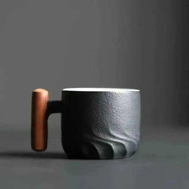 Ceramic Coffee Mug with Wood Handle – Handcrafted Design Black
