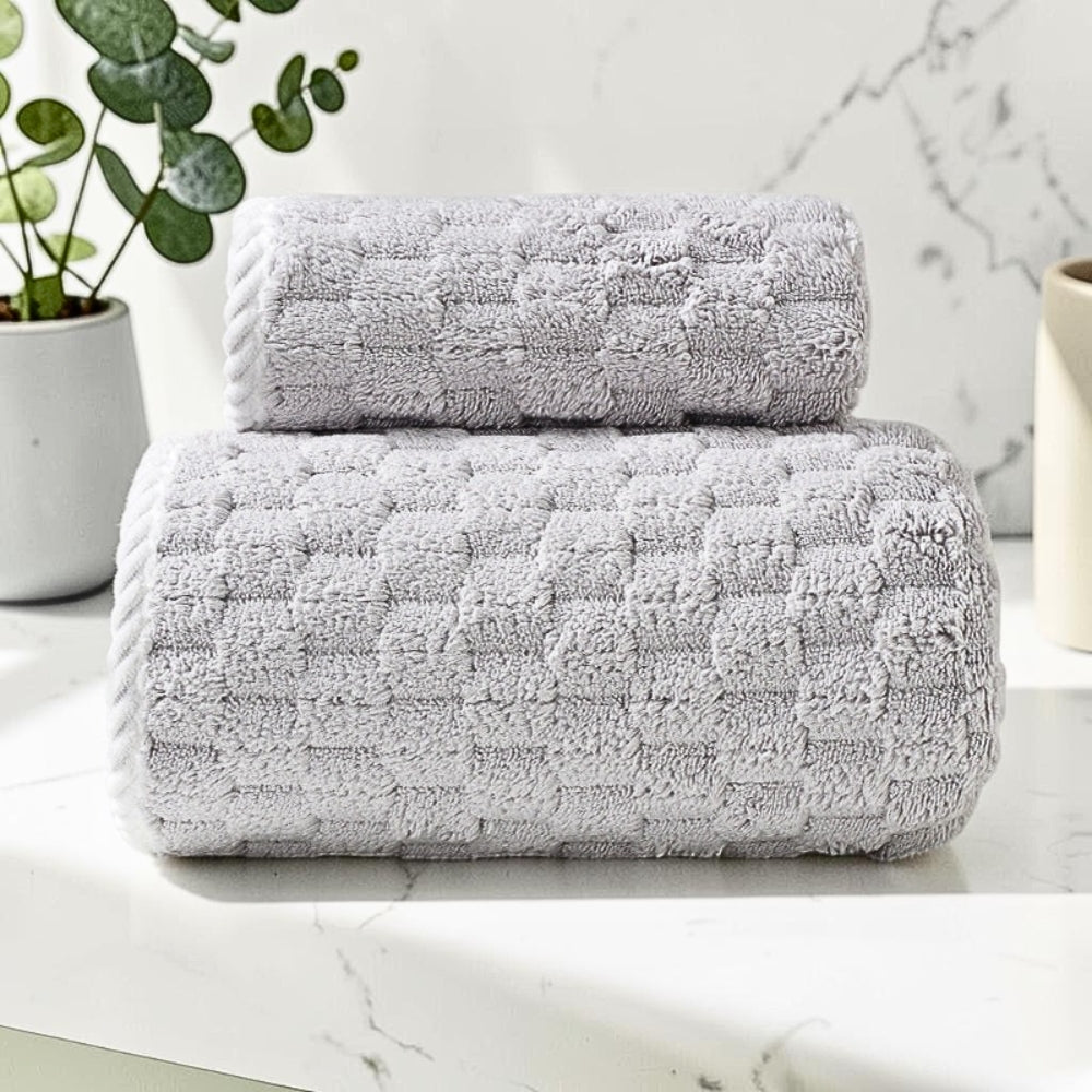 Soft Fleece Towel Set with Hanging Loop Gray 14"x30"+ 28"x55.1"