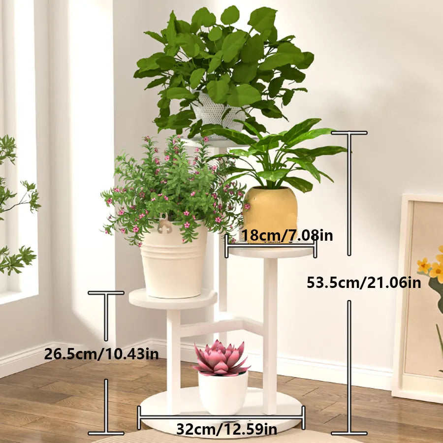 4-tier Plant Stand with Round Wooden Shelves and Metal Frame White