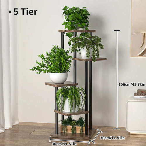 5-Tier Plant Shelf with Metal Frame and Wooden Shelves