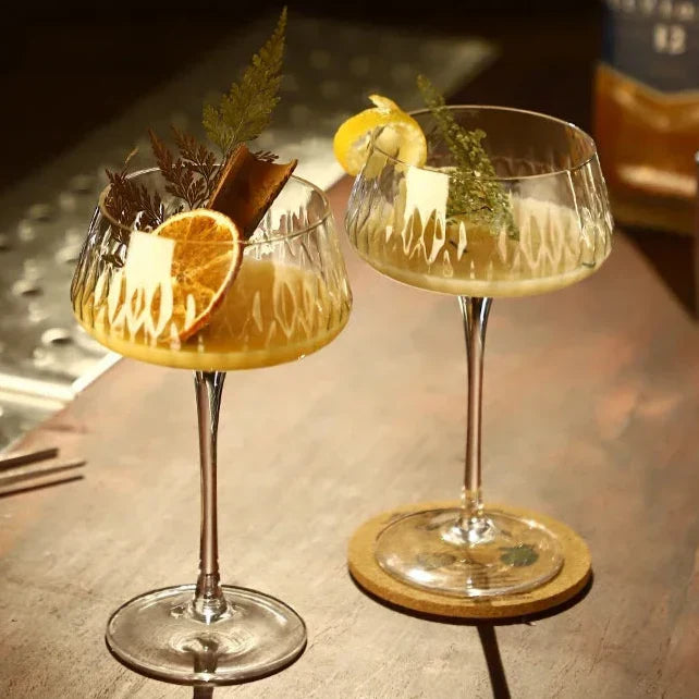 Crystal Cocktail Coupe Glasses Set with Diamond Cut Pattern