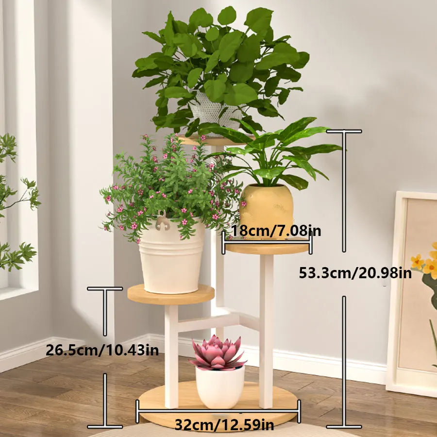 4-tier Plant Stand with Round Wooden Shelves and Metal Frame Beige