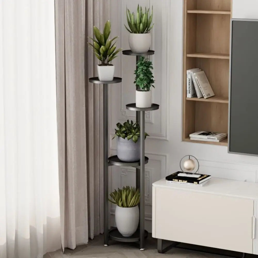 Multi-Tiered Metal Plant Shelf with Round, Offset Shelves Black