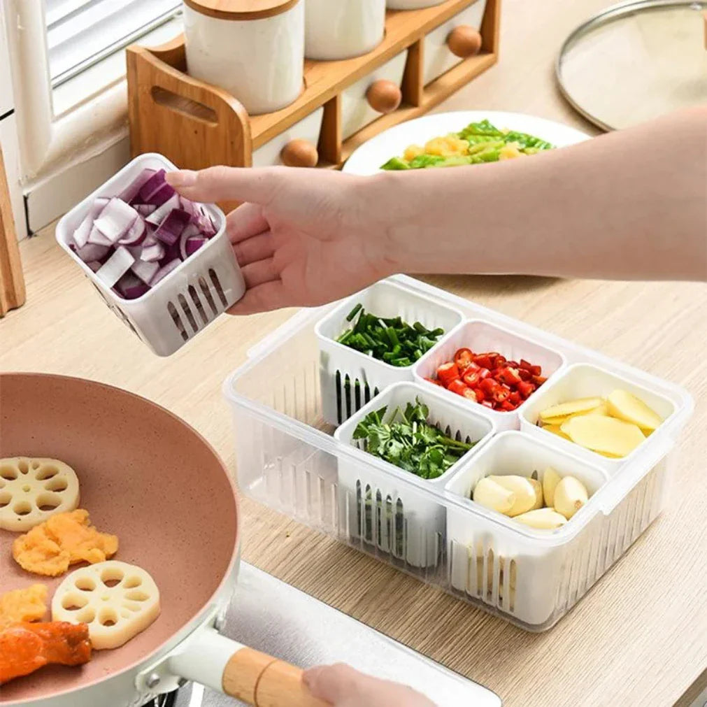 Refrigerator Storage Box with Drain Insert and Lid – 6 Compartments