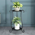 Two-Tier Metal Plant Shelf with Decorative Frame Black