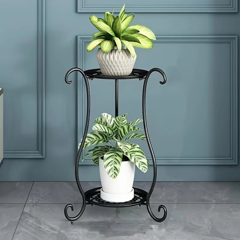 Two-Tier Metal Plant Shelf with Decorative Frame Black