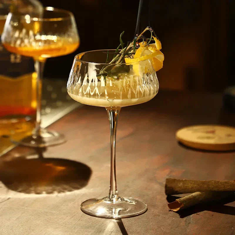 Crystal Cocktail Coupe Glasses Set with Diamond Cut Pattern