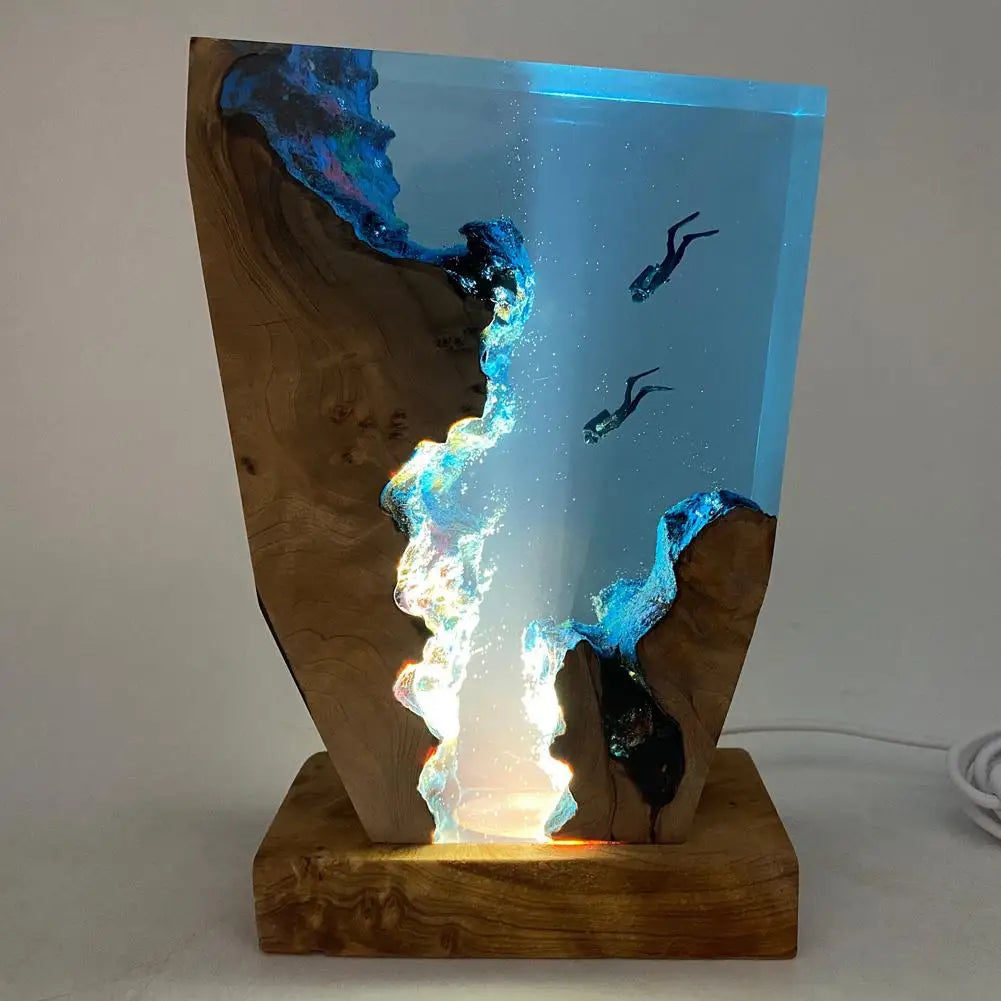 Ocean Diver Table Lamp with Wood and Resin