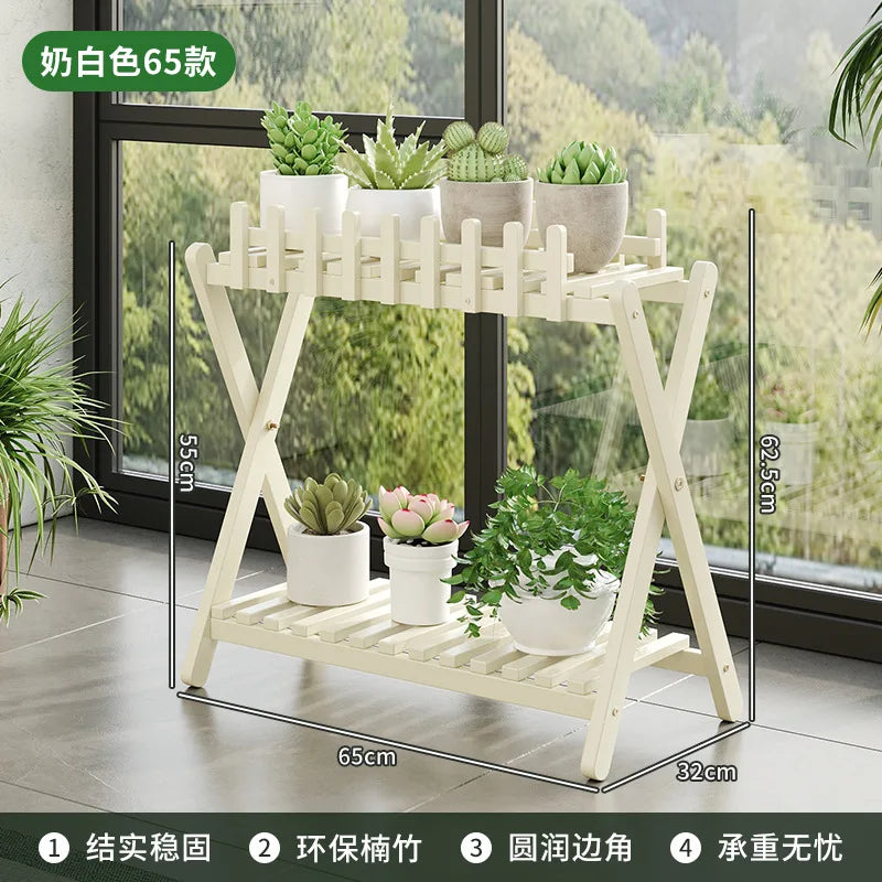 2-Tier Bamboo Plant Shelf with Decorative Trellis White 65 cm