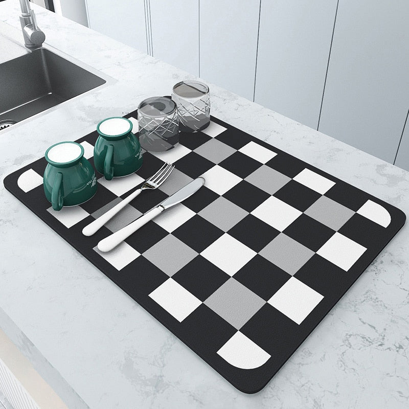 Kitchen Drying Mat - Super Absorbent Rubber Black Gray White squares
