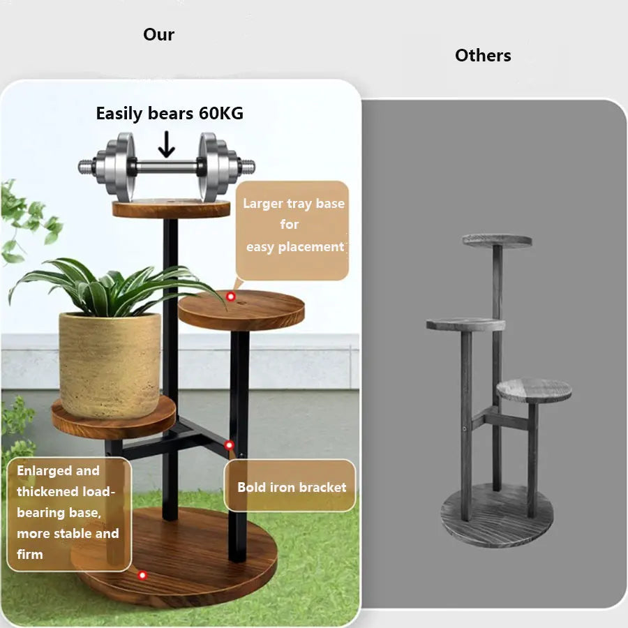 4-tier Plant Stand with Round Wooden Shelves and Metal Frame