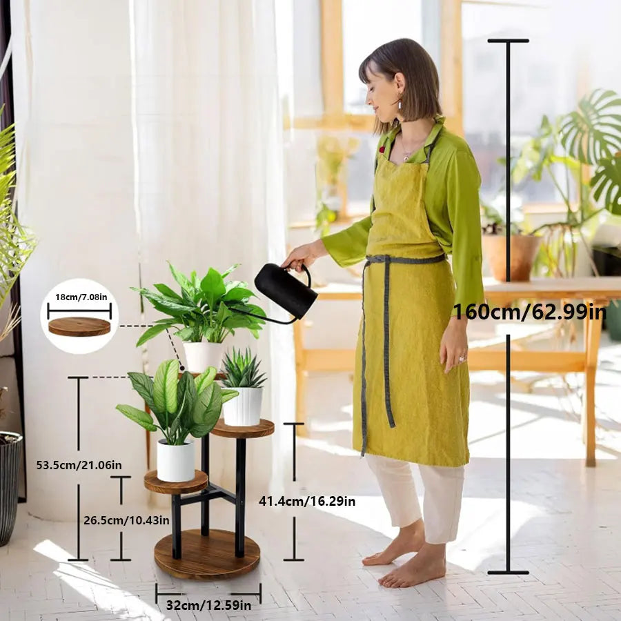4-tier Plant Stand with Round Wooden Shelves and Metal Frame