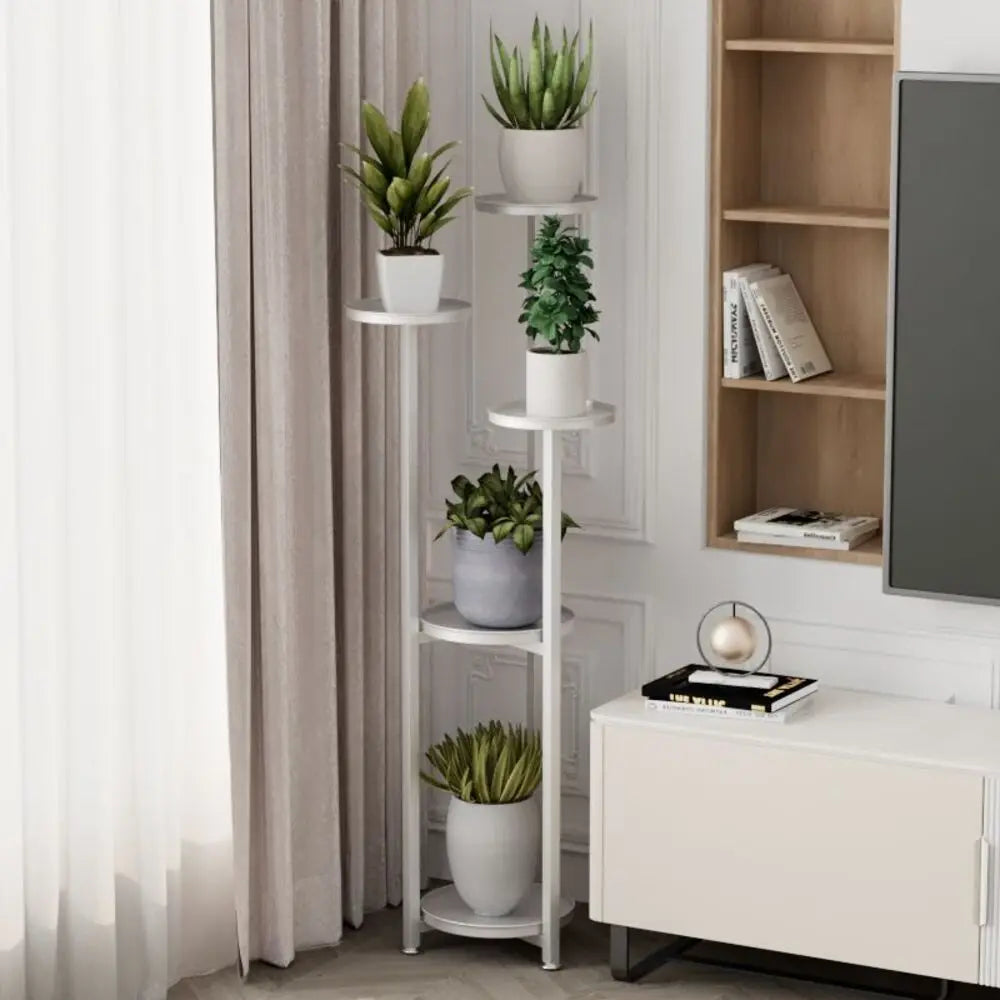 Multi-Tiered Metal Plant Shelf with Round, Offset Shelves White