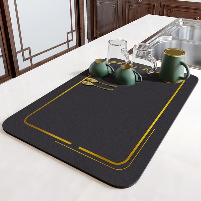 Kitchen Drying Mat - Super Absorbent Rubber Black Gold rim