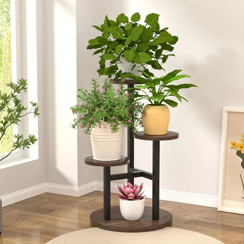 4-tier Plant Stand with Round Wooden Shelves and Metal Frame Black