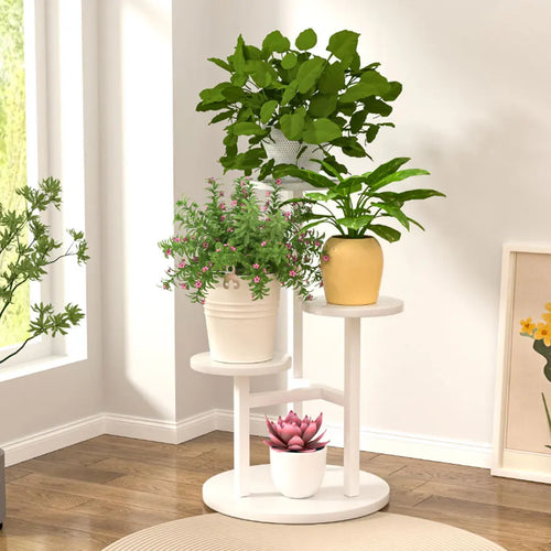 4-tier Plant Stand with Round Wooden Shelves and Metal Frame