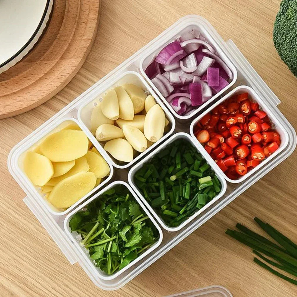 Refrigerator Storage Box with Drain Insert and Lid – 6 Compartments