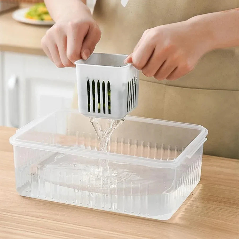 Refrigerator Storage Box with Drain Insert and Lid – 6 Compartments