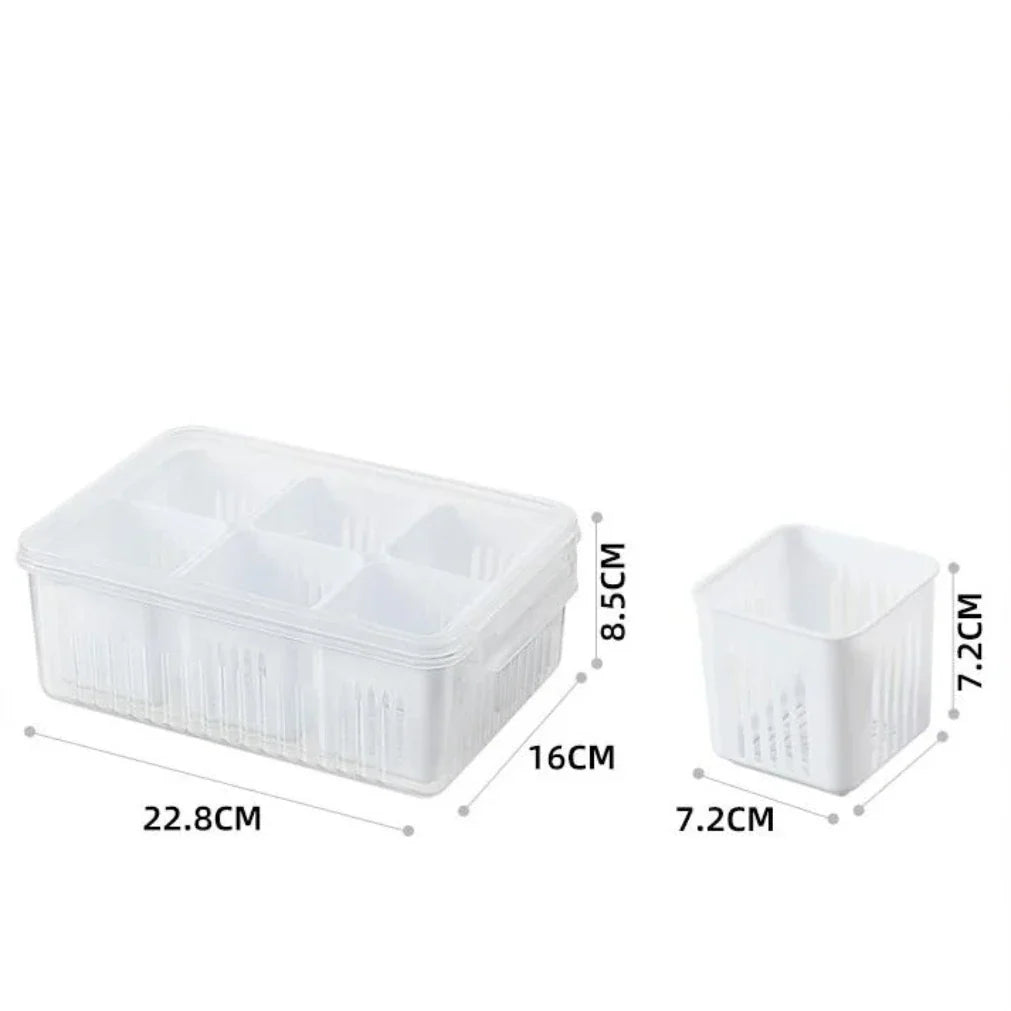 Refrigerator Storage Box with Drain Insert and Lid – 6 Compartments