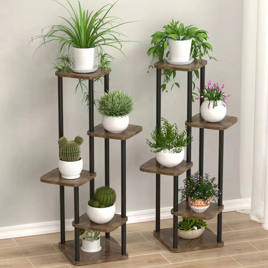 5-Tier Plant Shelf with Metal Frame and Wooden Shelves