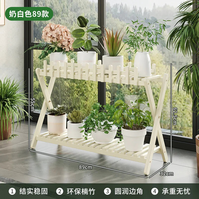 2-Tier Bamboo Plant Shelf with Decorative Trellis White 89 cm