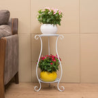 Two-Tier Metal Plant Shelf with Decorative Frame White