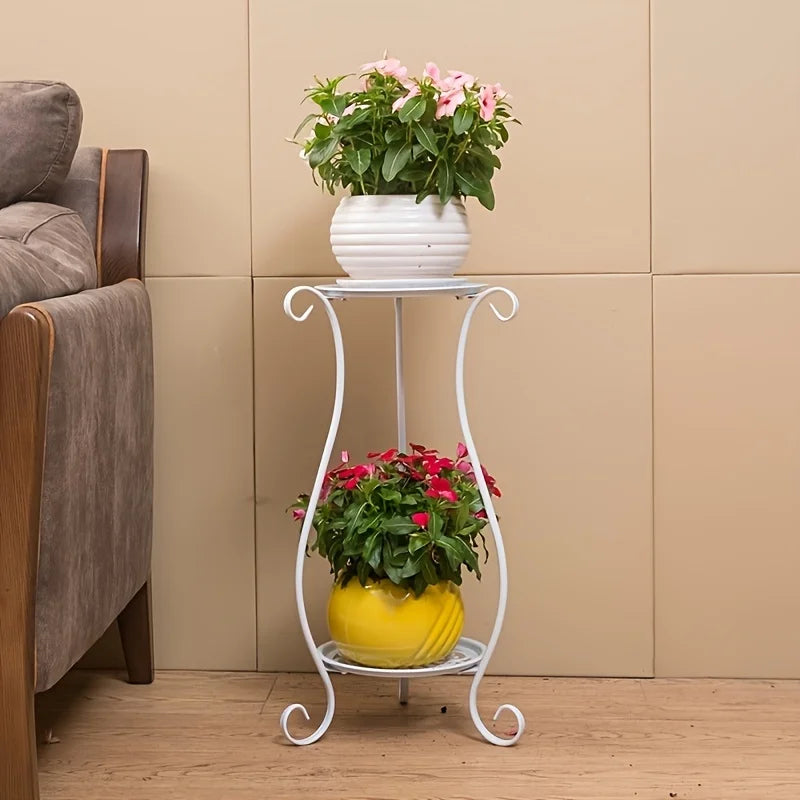 Two-Tier Metal Plant Shelf with Decorative Frame White