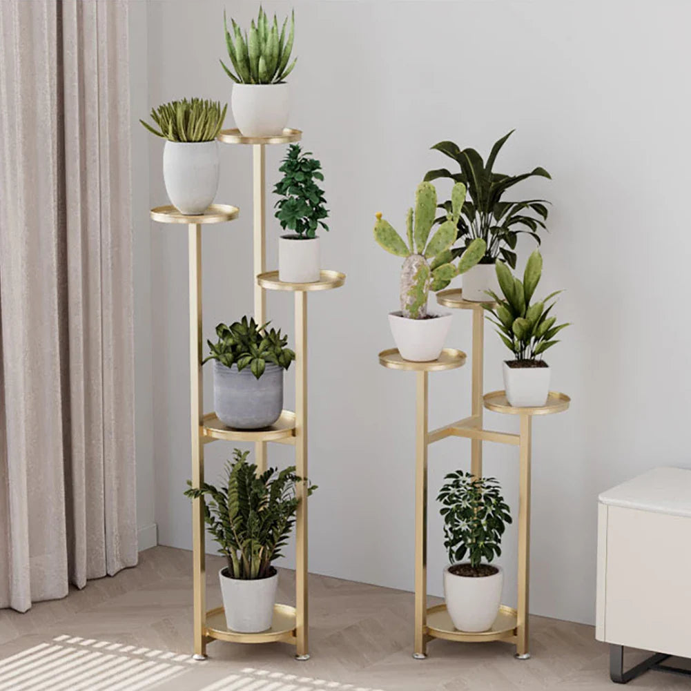 Multi-Tiered Metal Plant Shelf with Round, Offset Shelves