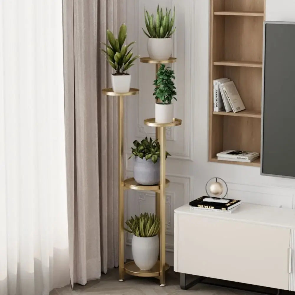 Multi-Tiered Metal Plant Shelf with Round, Offset Shelves Gold