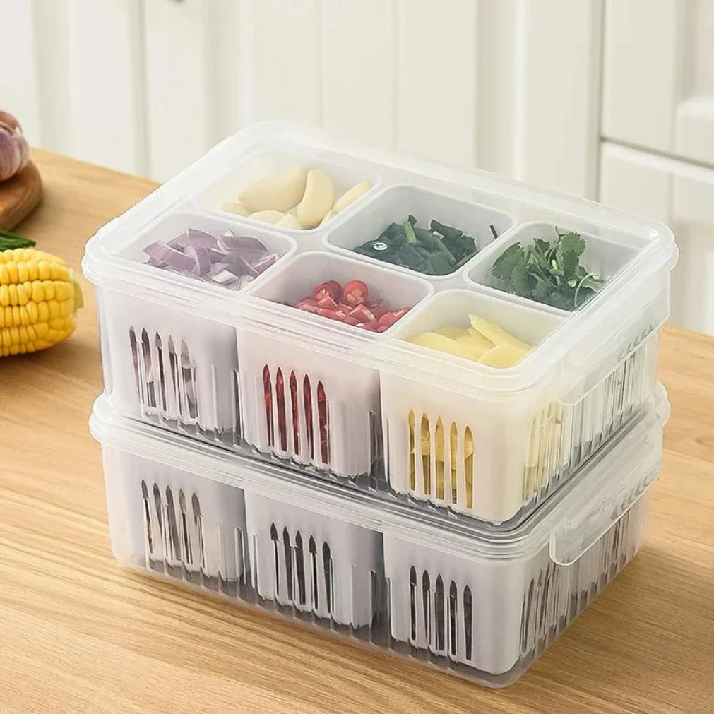 Refrigerator Storage Box with Drain Insert and Lid – 6 Compartments