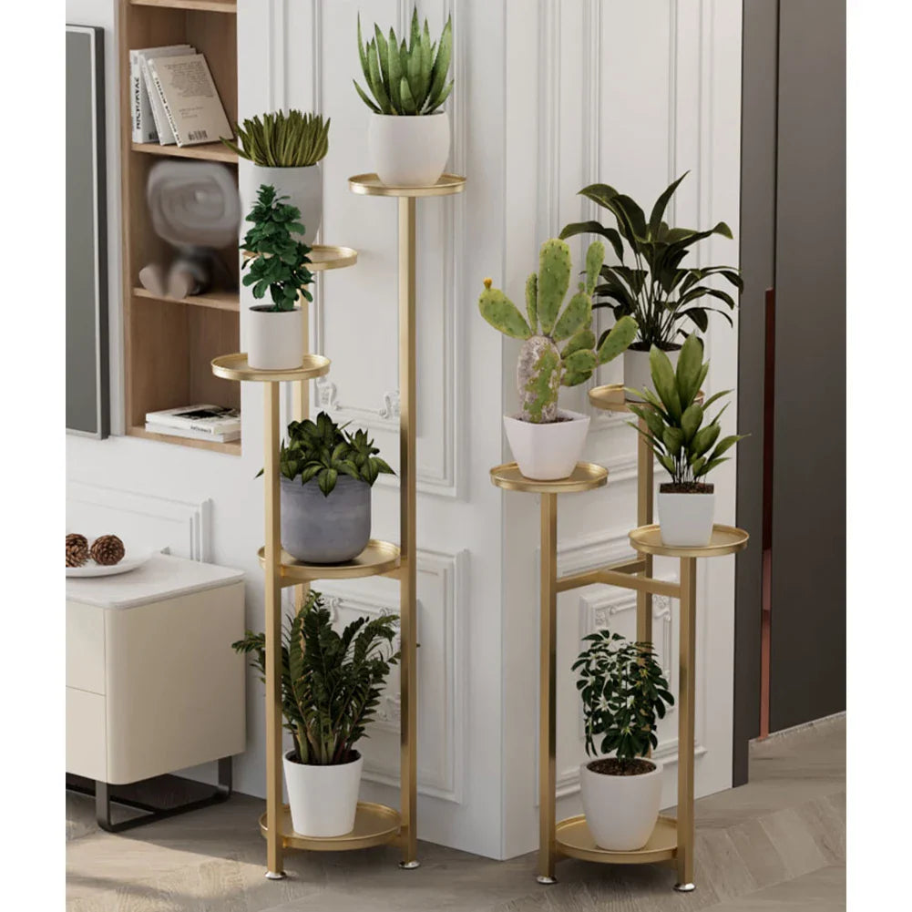 Multi-Tiered Metal Plant Shelf with Round, Offset Shelves