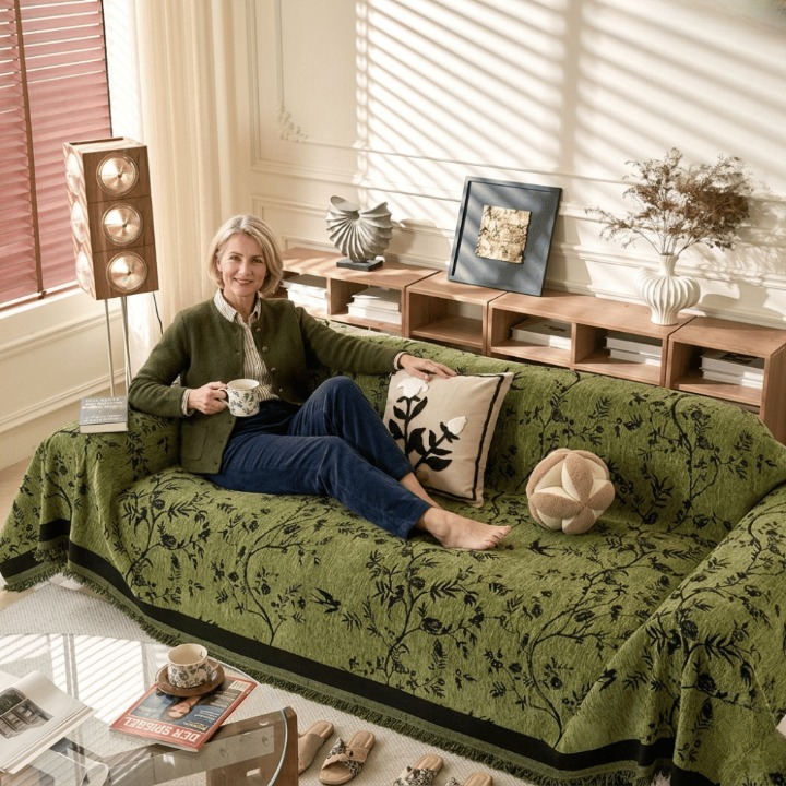 Chenille Sofa Throw with Botanical Print Green