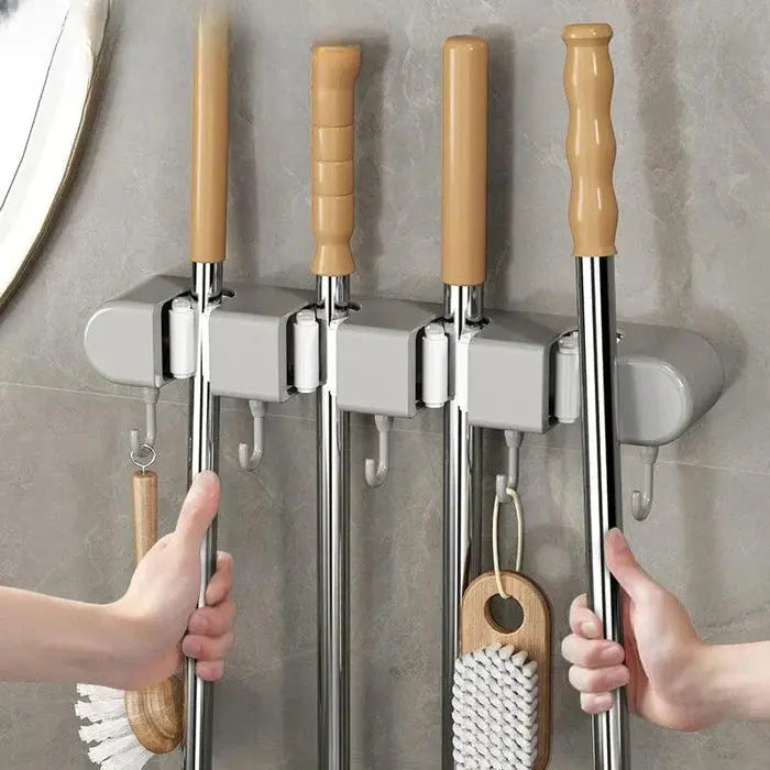 Wall Mount Broom Holder with 4 Clamps and 5 Hooks