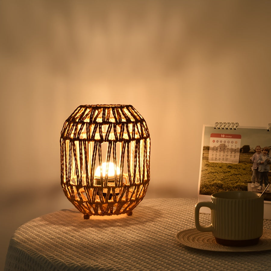 Handwoven Rattan Table Lamp with USB Power